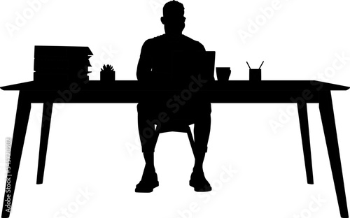 Silhouette of happy young black man using a laptop computer for online work at the table in the home office.  Vector illustration isolated on white. Full length view
