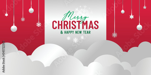Merry Christmas And Happy New Year Greeting Card Banner,  Cloud And Christmas Decoration, Holiday Poster, Vector