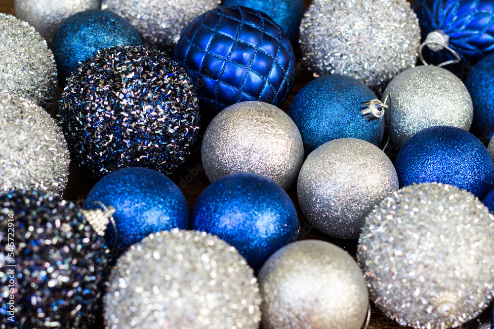 Blue and silver ornaments for Christmas, background Blue and silver ornaments for Christmas, background