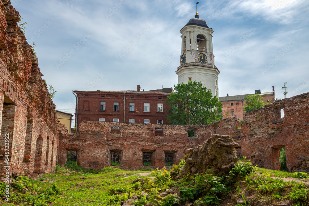 View of the clock tower from the territory of the destroyed cathedral. Vyborg, Leningrad Region, Russia