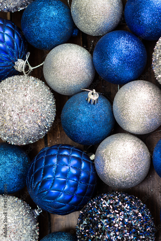 Blue and silver ornaments for Christmas, background Blue and silver ornaments for Christmas, background