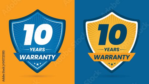 10 Years warranty in yellow and Blue background. 10 Years warranty logo. 10 Years warranty badge.