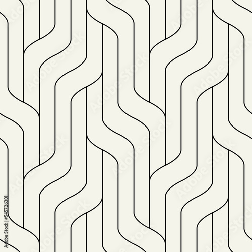 Seamless pattern. Geometric linear thin striped ornament. Stylish monochrome background. Vector repeating texture with winding linear tapes.