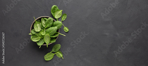 Fototapeta Naklejka Na Ścianę i Meble -  Fresh spinach leaves on dark stone background. Copy space for menu or recipe. Flat Lay.