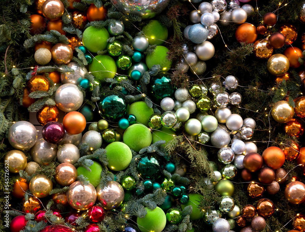 Christmas and New Year decor. Festive decoration in the form of colorful balls. Street decoration. Christmas and New Year decor. Festive decoration in the form of colorful balls. Street decoration.