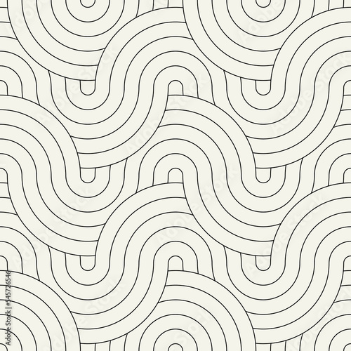Seamless pattern. Geometric linear thin striped ornament. Stylish monochrome background. Vector repeating texture with winding linear tapes.