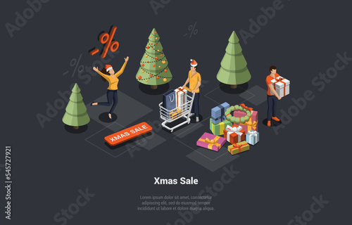 Christmas Sale Concept. Character Shopping In Xmas Store. Male Character With Supermarket Trolley Full Of Gifts. Characters Buy Gifts With Holiday Discount. Isometric 3d Cartoon Vector Illustration