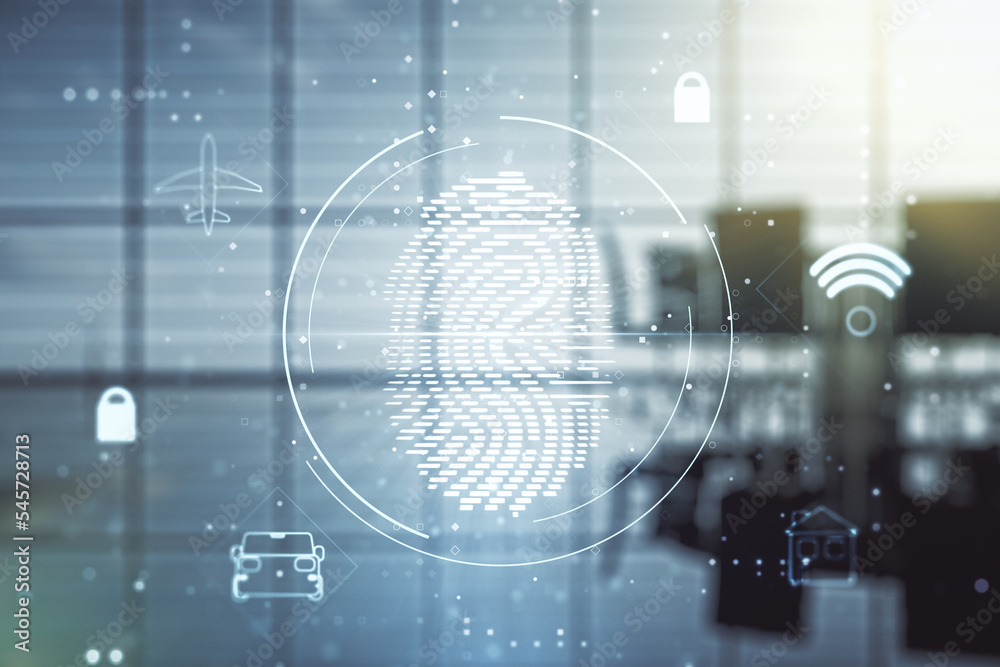 Multi exposure of virtual creative fingerprint hologram on a modern meeting room background, personal biometric data concept Multi exposure of virtual creative fingerprint hologram on a modern meeting room background, personal biometric data concept