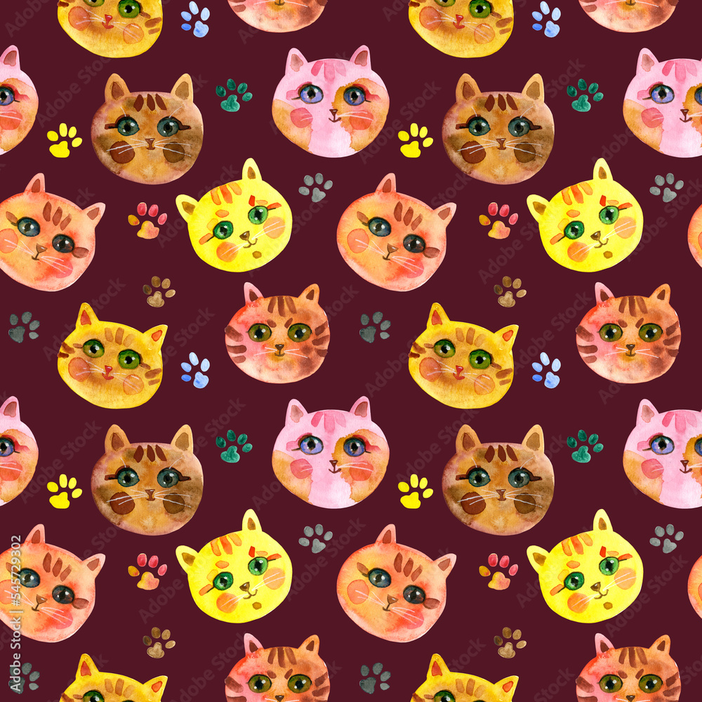 Seamless pattern of Cartoon faces of cats on a burgundy background. Cute Cat muzzle. Watercolour hand drawn illustration. For fabric, sketchbook, wallpaper, wrapping paper.