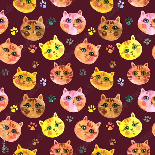 Seamless pattern of Cartoon faces of cats on a burgundy background. Cute Cat muzzle. Watercolour hand drawn illustration. For fabric, sketchbook, wallpaper, wrapping paper.