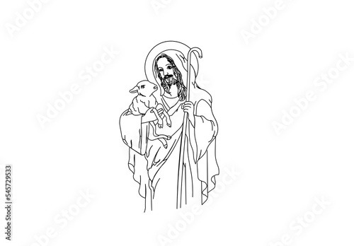 jesus christ the shepherd with sheep line art
