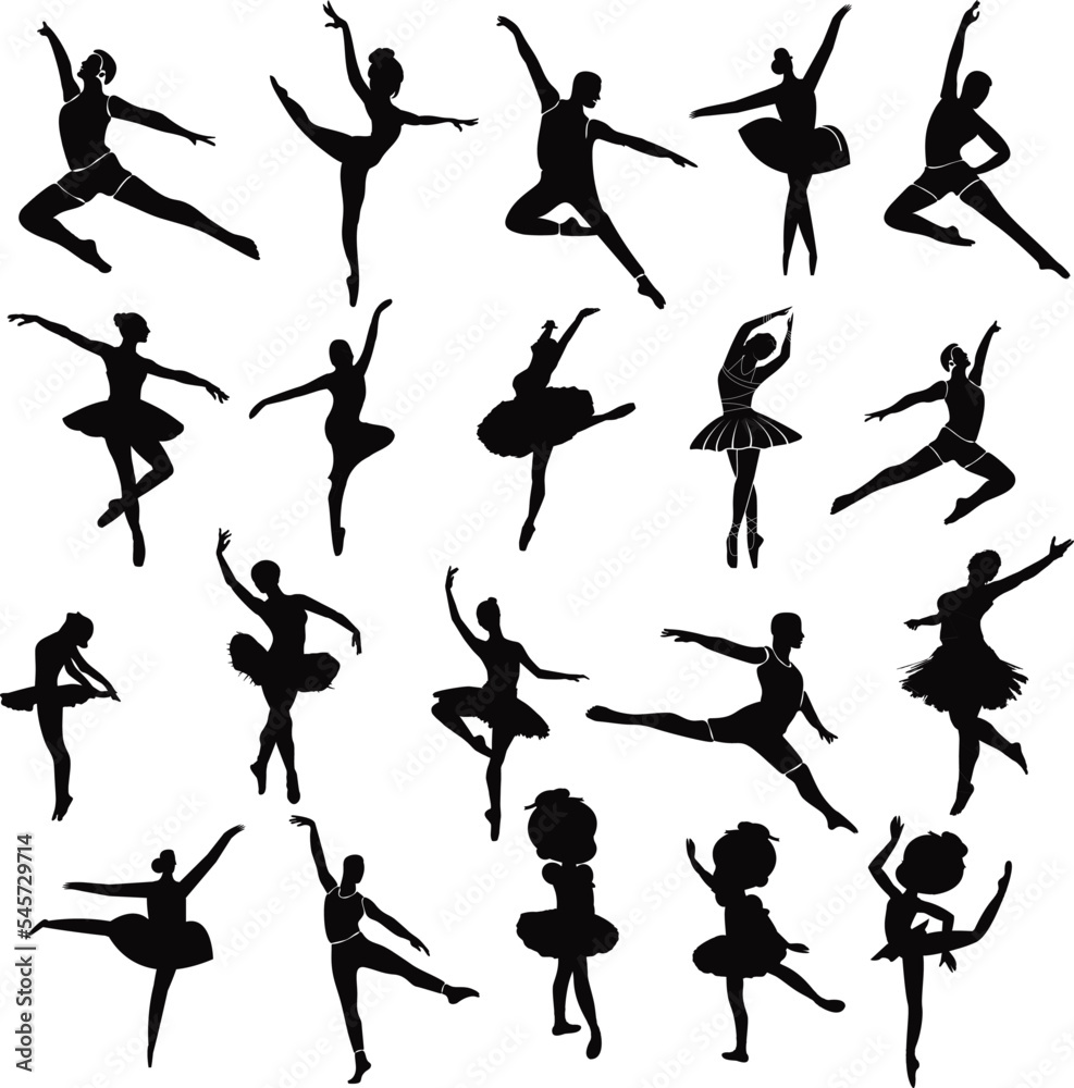Editable set of illustrated dancers' silhouettes on a white background, a ballet concept