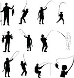 Editable set of illustrated silhouettes of fishing men with a rod on a white background