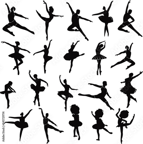 Editable set of illustrated dancers' silhouettes on a white background, a ballet concept