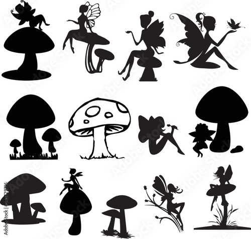 Editable set of illustrated fairies' silhouettes around mushrooms, a fairytale concept