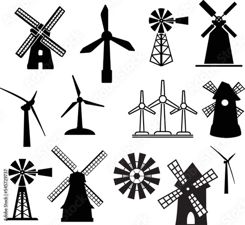 Editable set of illustrated silhouettes of windmills on a white background