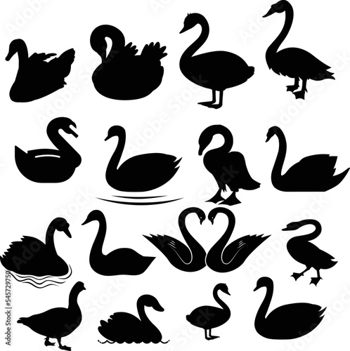 Editable set of illustrated silhouettes of swans on a white background