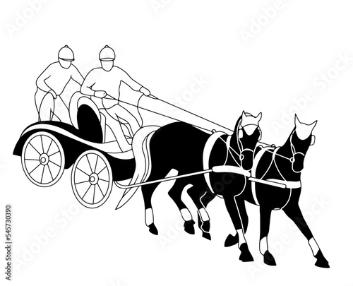 Horse combined driving, Harness racing, horse pair carriage, marathon,  vector pony silhouette, equestrian sport, isolated on white background, horse silhouette