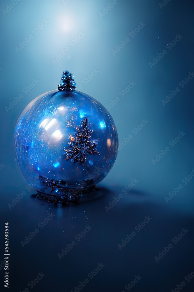 Christmas ball with snow flakes on the blue background, holiday decoration, Greeting card, 3d style