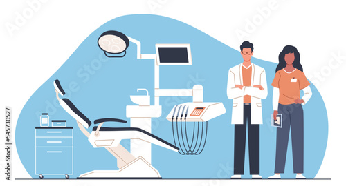 Dentists team. Empty dental chair, professional doctors characters, medicine checkup invitation, office equipment, clinic office, man and woman in uniform, nowaday vector cartoon flat concept