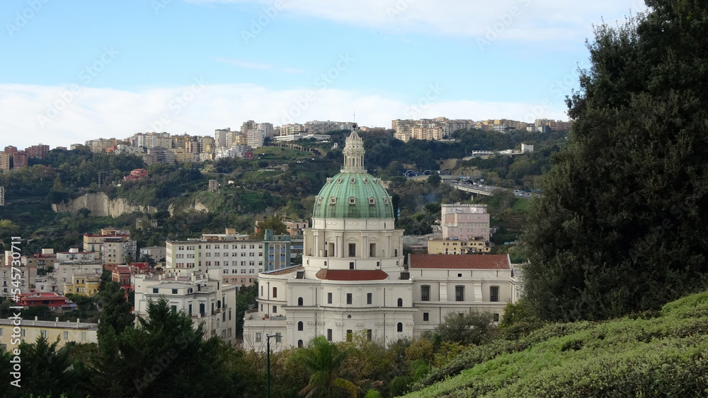 View of the dome of the Saint Mary church from the Capodimonte park in Naples, Italy.