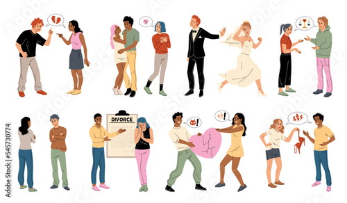 Divorce people. Disintegrating couples, marital infidelity, quarreling men and women, family separation, husband and wife quarreling and arguing, tidy vector cartoon flat conflict set