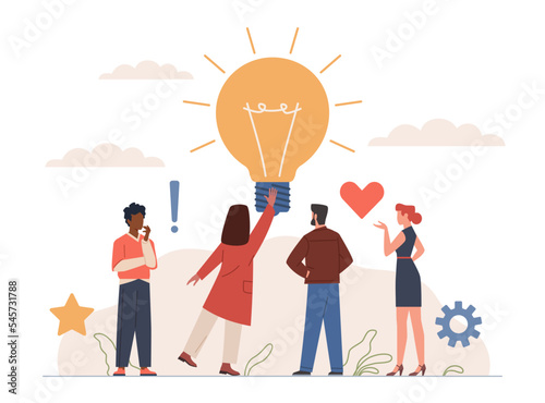 Light bulb with people. Men and women around large glowing lamp, new idea search, friendly teamwork, employees group together, creative brainstorming nowaday vector cartoon flat concept