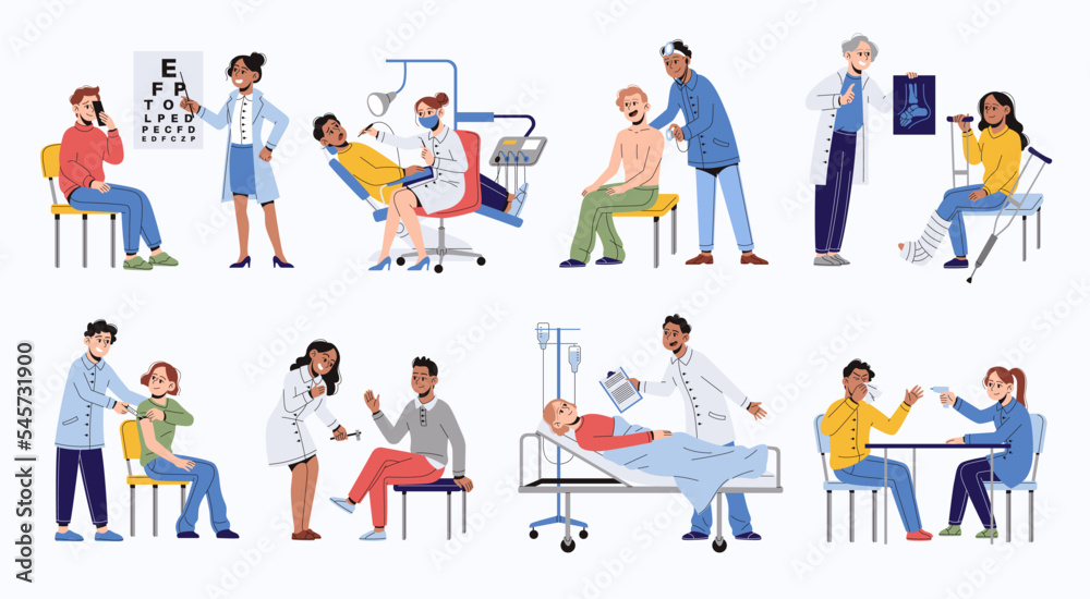 Patient examination. People at reception of different doctors, hospital equipment, medical consultation, diseases treatment, ophthalmologist, traumatologist and dentist, tidy vector set