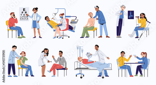 Patient examination. People at reception of different doctors  hospital equipment  medical consultation  diseases treatment  ophthalmologist  traumatologist and dentist  tidy vector set