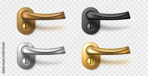 Realistic color moving door handle. Interior silver and golden, bronze and black home accessories, curved shape, modern design, 3d objects isolated on transparent background utter vector set