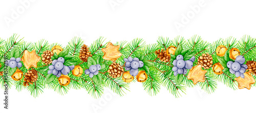 Fototapeta Naklejka Na Ścianę i Meble -  Seamless New Year and Christmas garland made of Christmas tree branches, cones, Christmas toys and black berries. Hand drawn watercolor. Design for cards, invitations, stationery, fabrics, textiles.