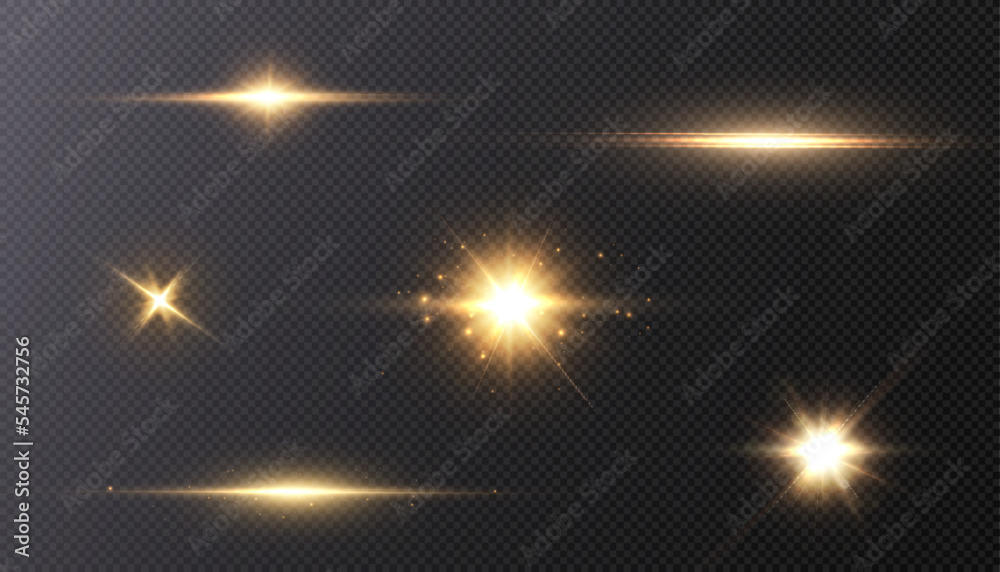 Set of light effects golden glowing light isolated on transparent background. Solar flare with rays and glare. Glow effect. Starburst with shimmering sparkles.	
