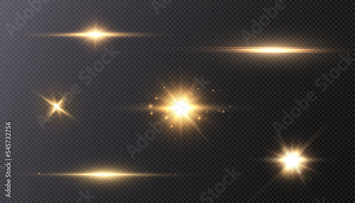 Fotografiet Set of light effects golden glowing light isolated on transparent background