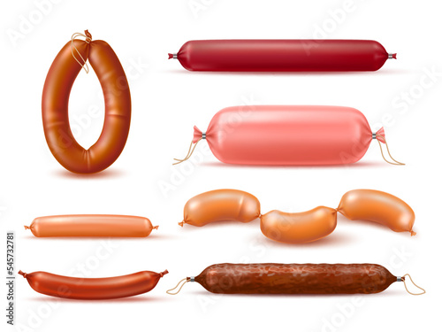 Realistic sausages. Meat products, boiled and smoked delicacies, natural farm food, pork, chicken and beef, different types, gourmet salami wurst, 3d isolated elements, utter vector set
