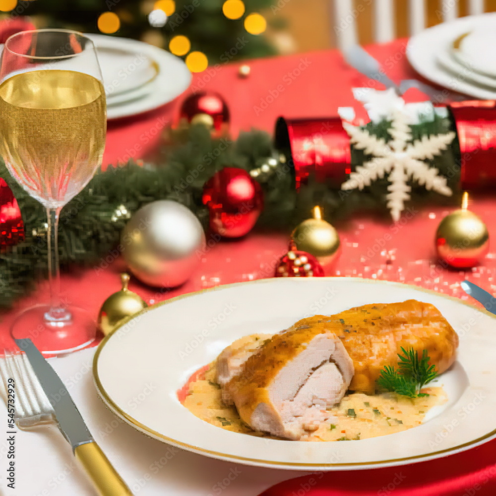Christmas dinner setup with Christmas tree in the background digital 3D illustration