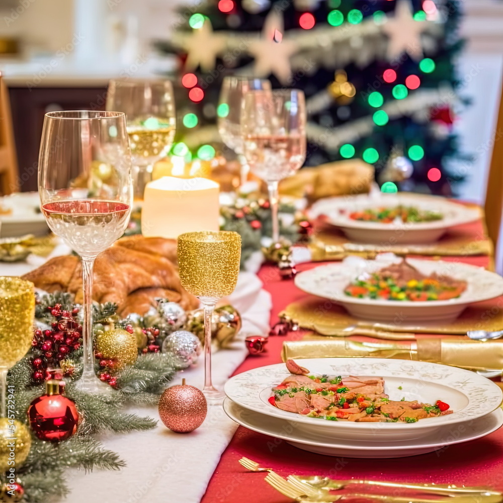 Christmas dinner setup with Christmas tree in the background digital 3D illustration