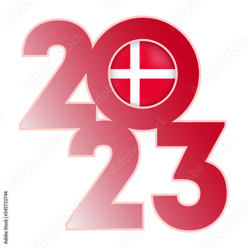 Happy New Year 2023 banner with Denmark flag inside. Vector illustration.