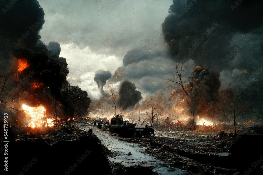 War battlefield. Environmental damage. Air pollution. Ruined burning landscape on explosion fire flame black smoke cloud illustration background.