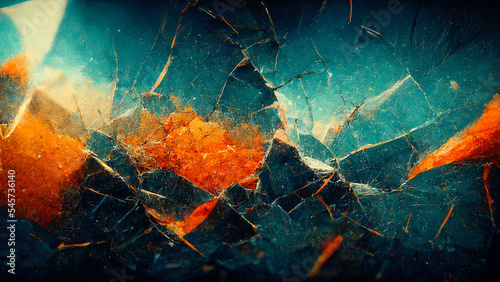 Cracked texture. Broken glass. Fractured stone. Blue orange color paint dust scratches uneven rock surface collage illustration abstract art background.