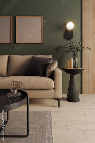 Makieta wnętrza dla umieszczenia obrazów. Pokój z zieloną ścianą i drewnianą podłogą z beżową nowoczesną kanapą ze stolikami kawowymi i dekoracjami