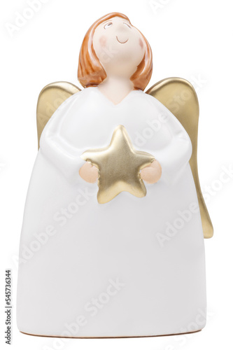 Christmas angel with golden wings and with star in his hands, isolated on white background looks upwards, figurine as decoration or nativity scene, concept of Christian catholic religion