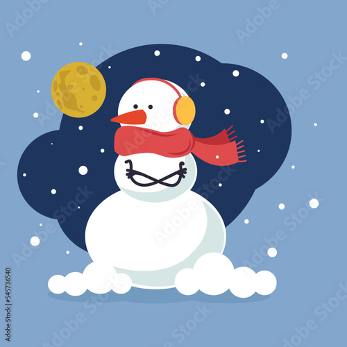 frozen snowman at night in a scarf