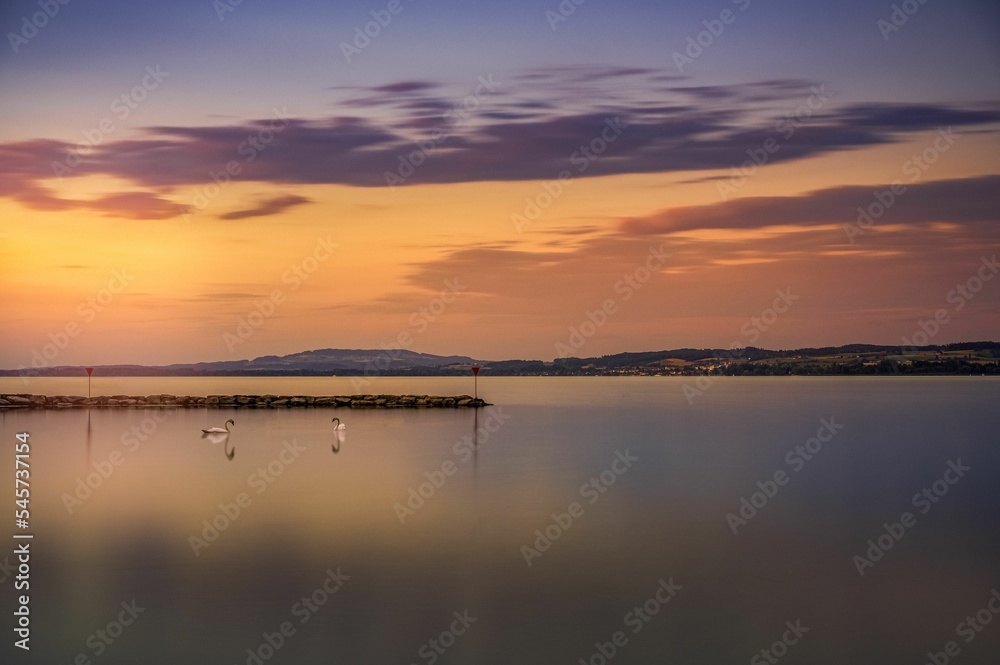 Beautiful sunset scene over large sea with ducks and land on the horizon