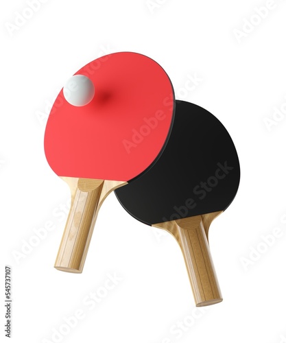Pair of two table tennis or ping pong paddles or rackets with table tennis ball floating isolated on white background