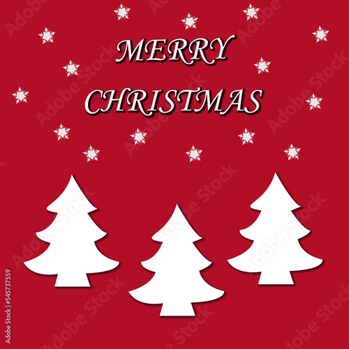 Felicitación de navidad con fondo rojo y abetos blancos.