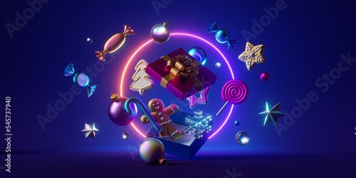 3d render, festive neon background with Christmas ornaments and open gift box. Assorted baubles levitate