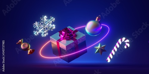 3d render, neon ring and Christmas ornaments levitate on blue background. Futuristic festive concept, minimalist wallpaper