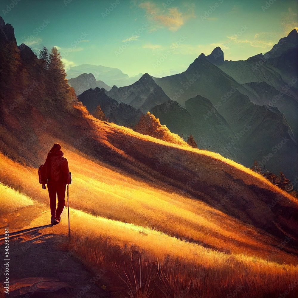 Hyper-realistic AI generated digital artwork of a hiker going on a journey through the mountains