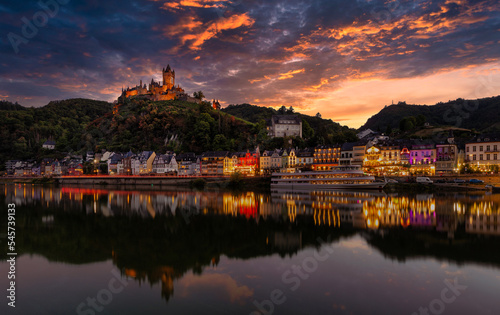 Cochem castel view of the town from the bridge across the Moselle River at dusk, Germany