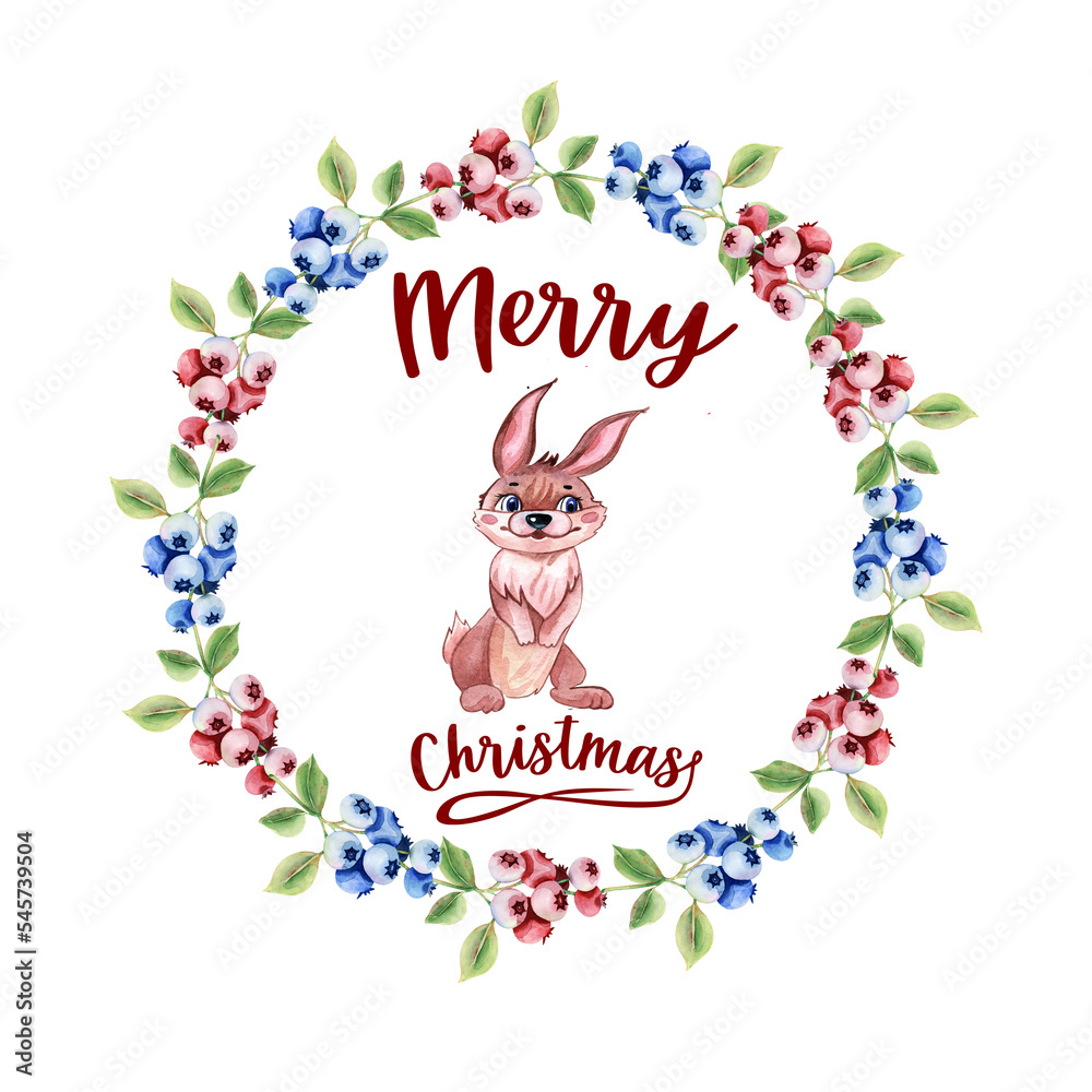 Watercolor cute animal Rabbit, red and blue berries wreath, hand drawn portrait illustration isolated on white background. Beautiful floral arrangement with watercolor cute wolf and wildflowers